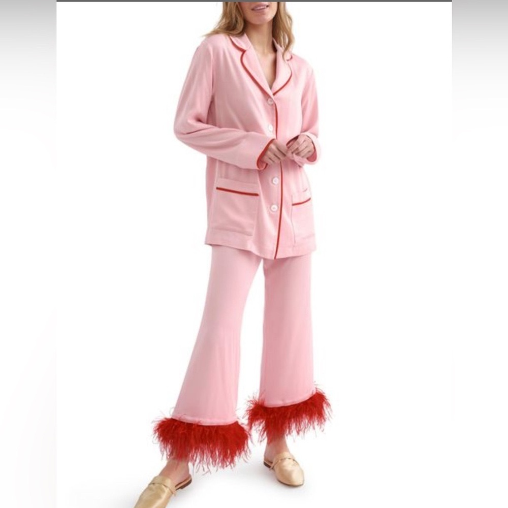 NWT Sleeper Women's Party Feather Trim Pajama Set Pink with Red Trim
